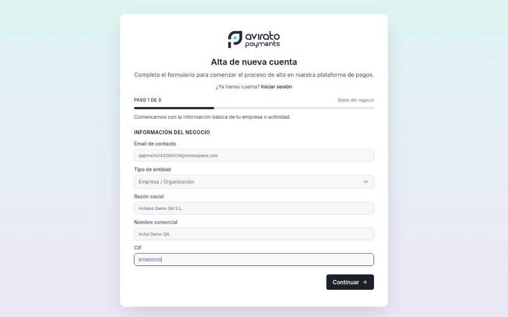Step 1 form: business information filled in
