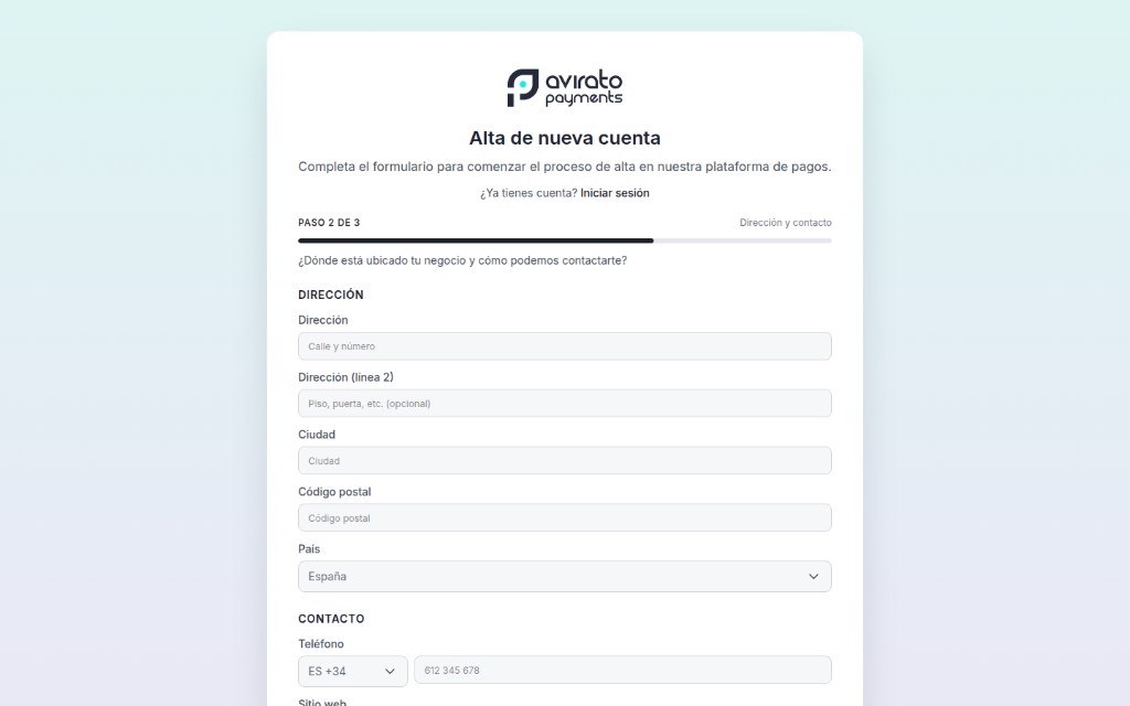 Step 2 form: address and contact