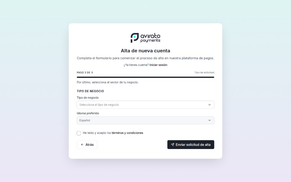Step 3 form: selecting business type