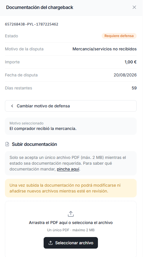 Modal to upload PDF documentation when defending a chargeback