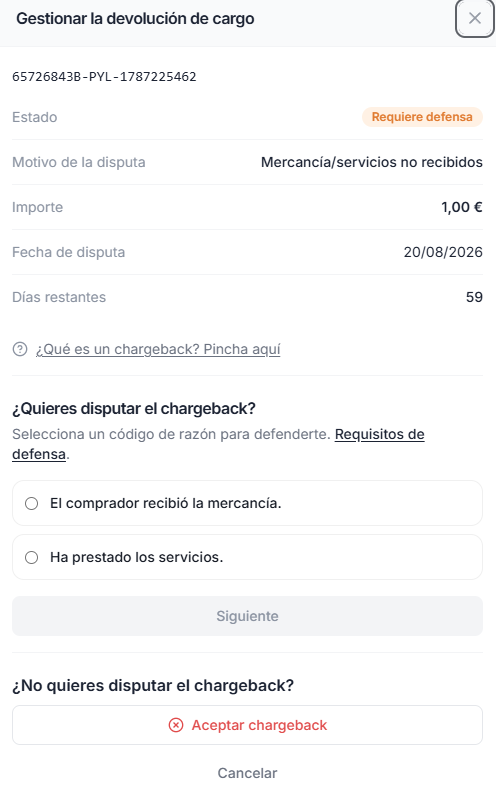 Modal to manage a chargeback: defense required, reason, and dispute options